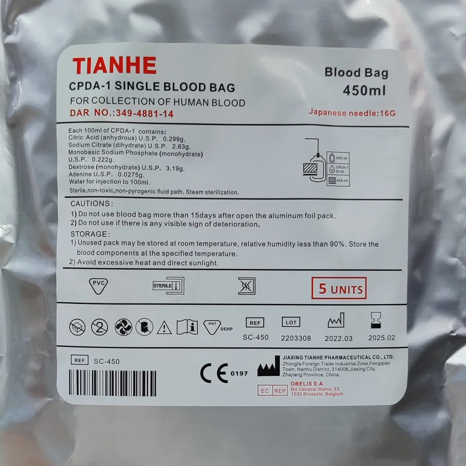 Tianhe CPDA-1 Single Blood Bag 450ml