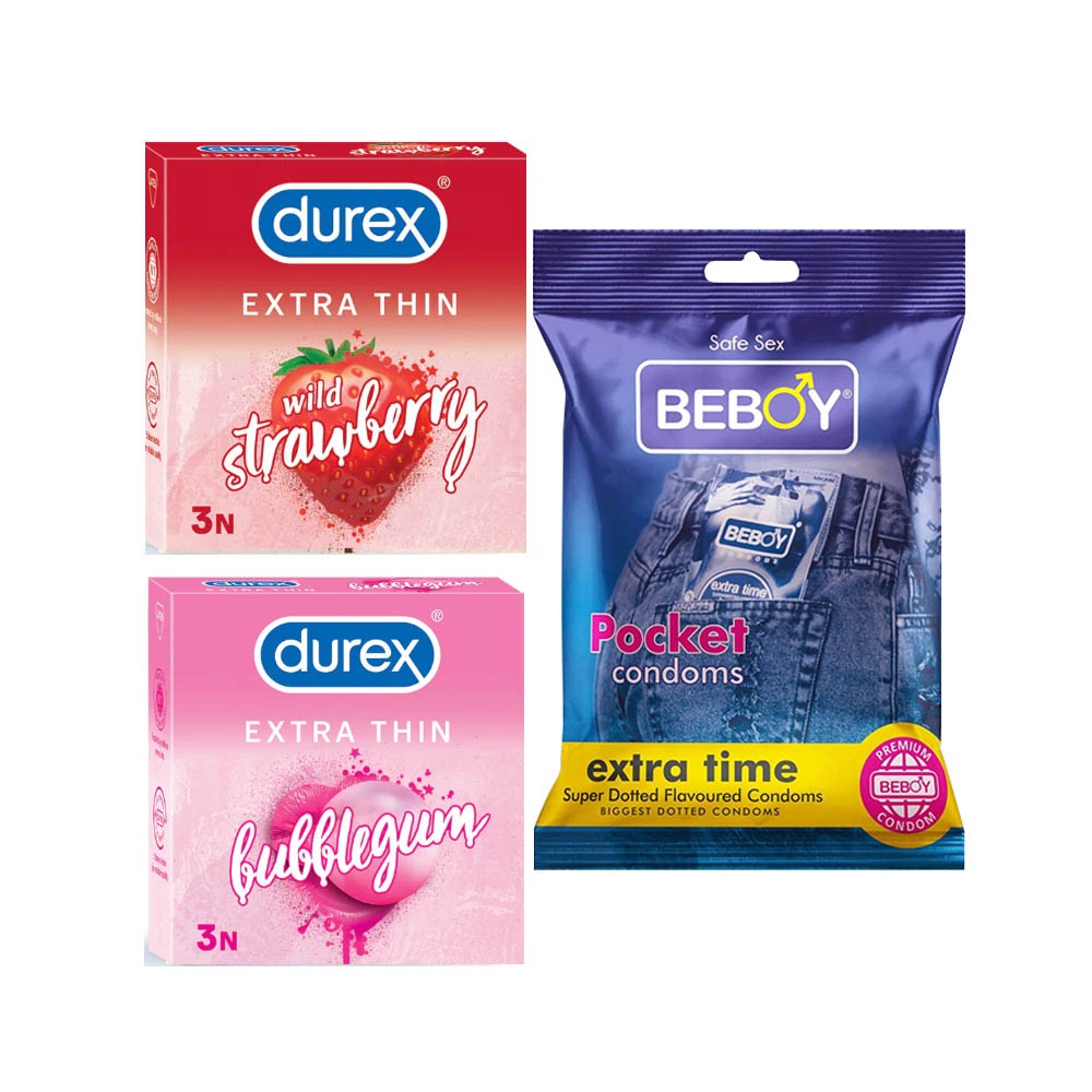 Durex Oasis Combo = 9Pcs Condom + Durex Strawberry 3s + Durex BubbleGum 3s + Beboy Extra Time 3s Condom