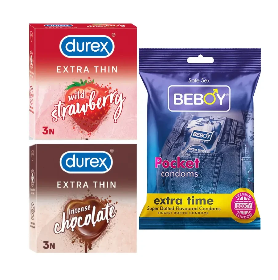 Durex VelvetTouch Combo = 9Pcs Condom + Durex Strawberry 3s + Durex Chocolate 3s + Beboy Extra Time 3s Condom