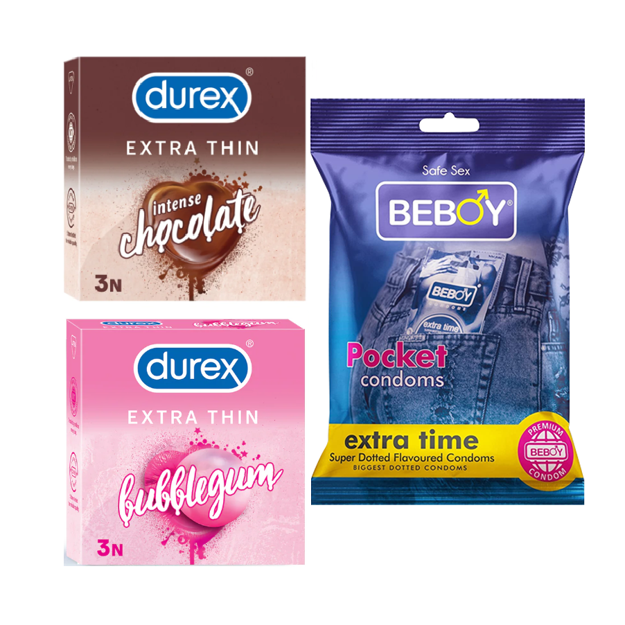 Durex VenusGuard Combo = 9Pcs Condom + Durex Chocolate 3s + Durex BubbleGum 3s + Beboy Extra Time 3s Condom