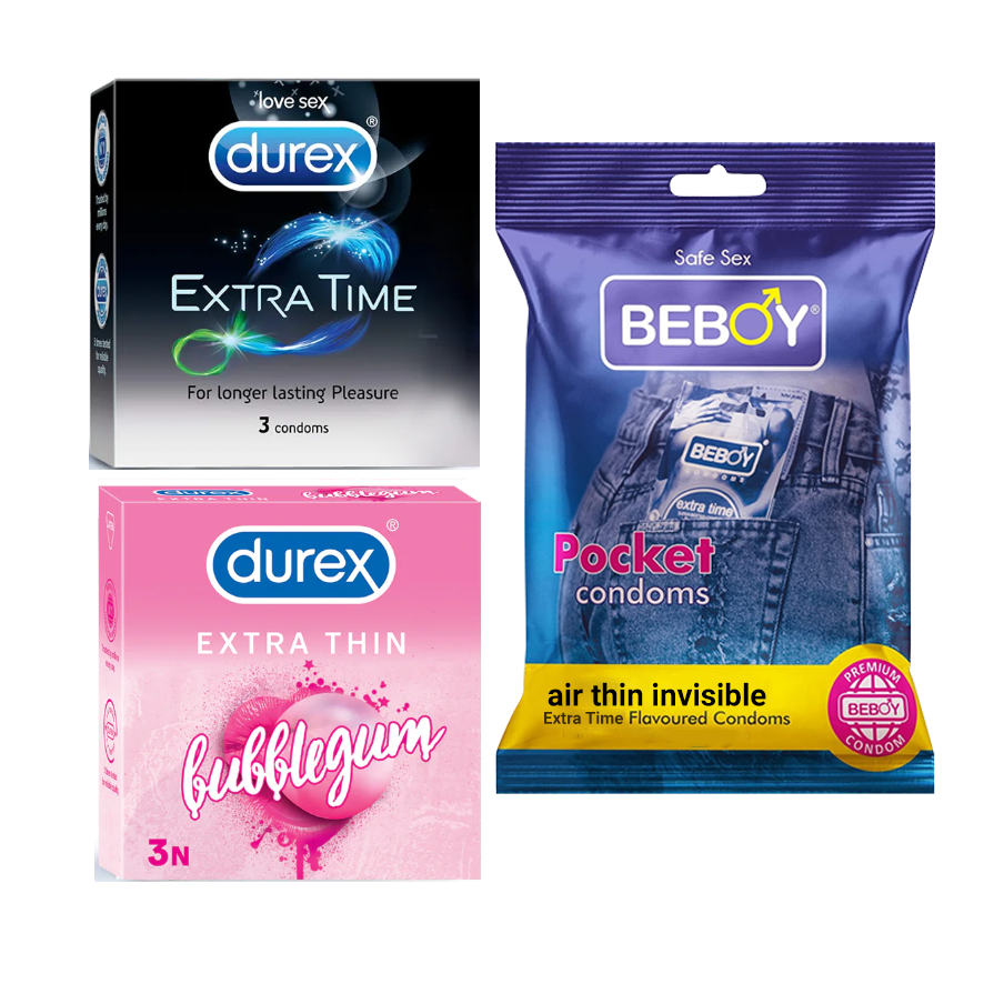 Durex ProtectWell Combo = 9Pcs Condom + Durex Extra Time 3s + Durex BubbleGum 3s + Beboy Air Thin Invisible 3s Condom