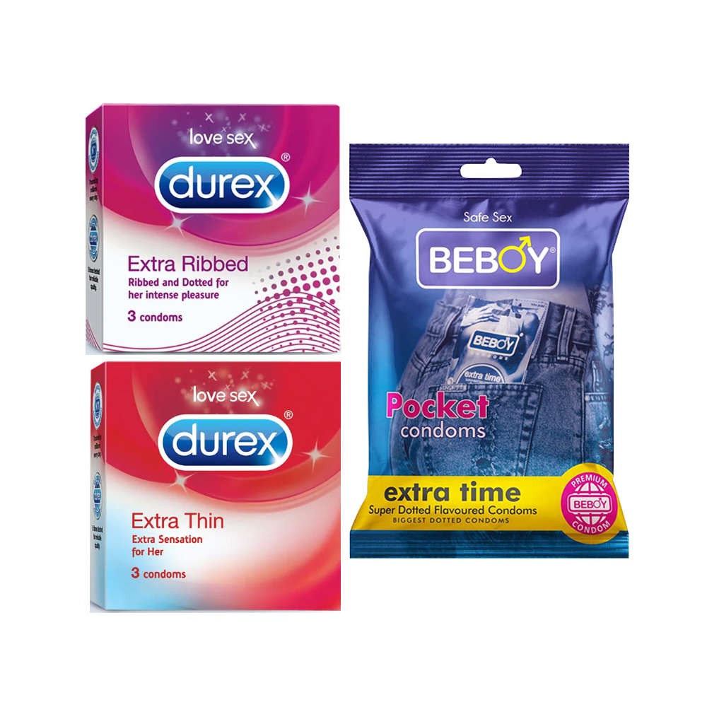 Durex Innovation Combo =  9Pcs Condom + Durex Extra Ribbed 3s + Durex Extra Thin 3s + Beboy Extra Time 3s Condom