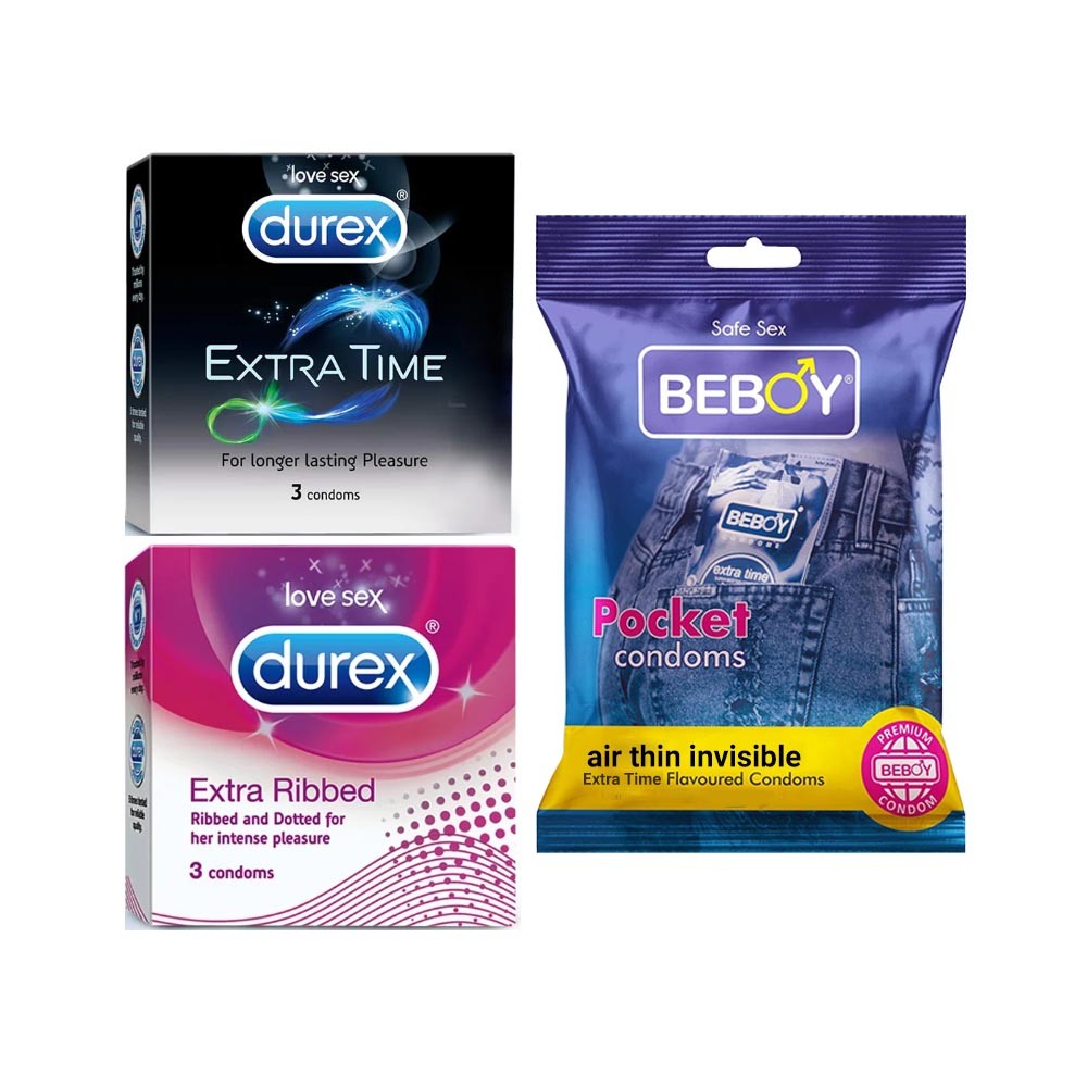 Durex LoveDefender Combo = 9Pcs Condom + Durex Extra Time 3s + Durex Extra Ribbed 3s + Beboy Air Thin Invisible 3s Condom