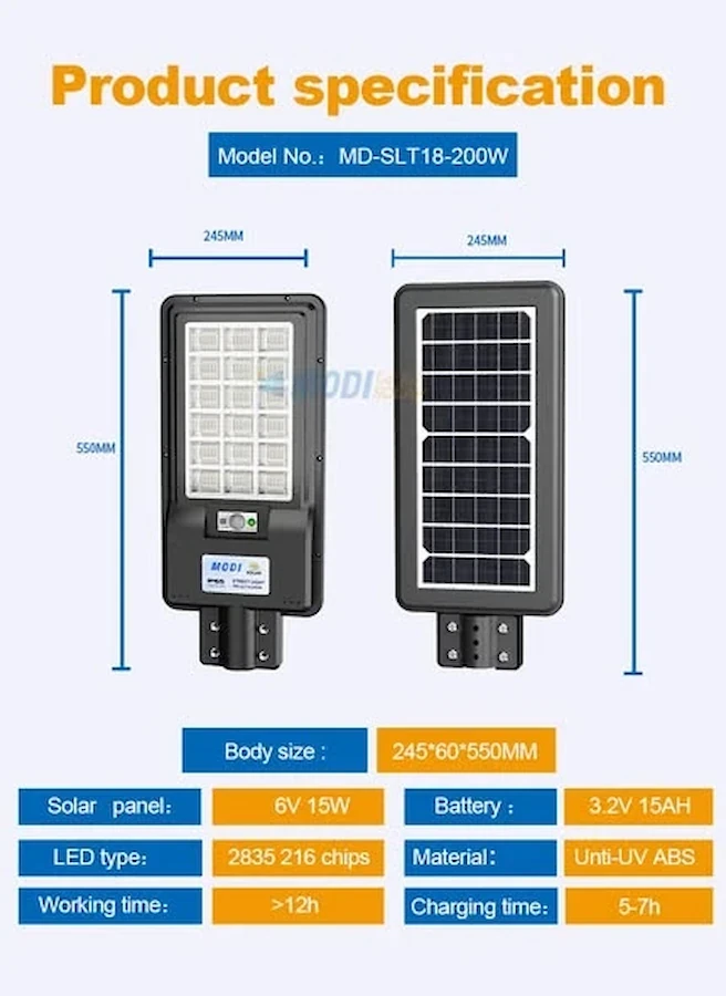MODI Solar Light MD-SLT18-200W - Solar Outdoor Light - LED Solar Light - Solar Street Light - 200W - Model